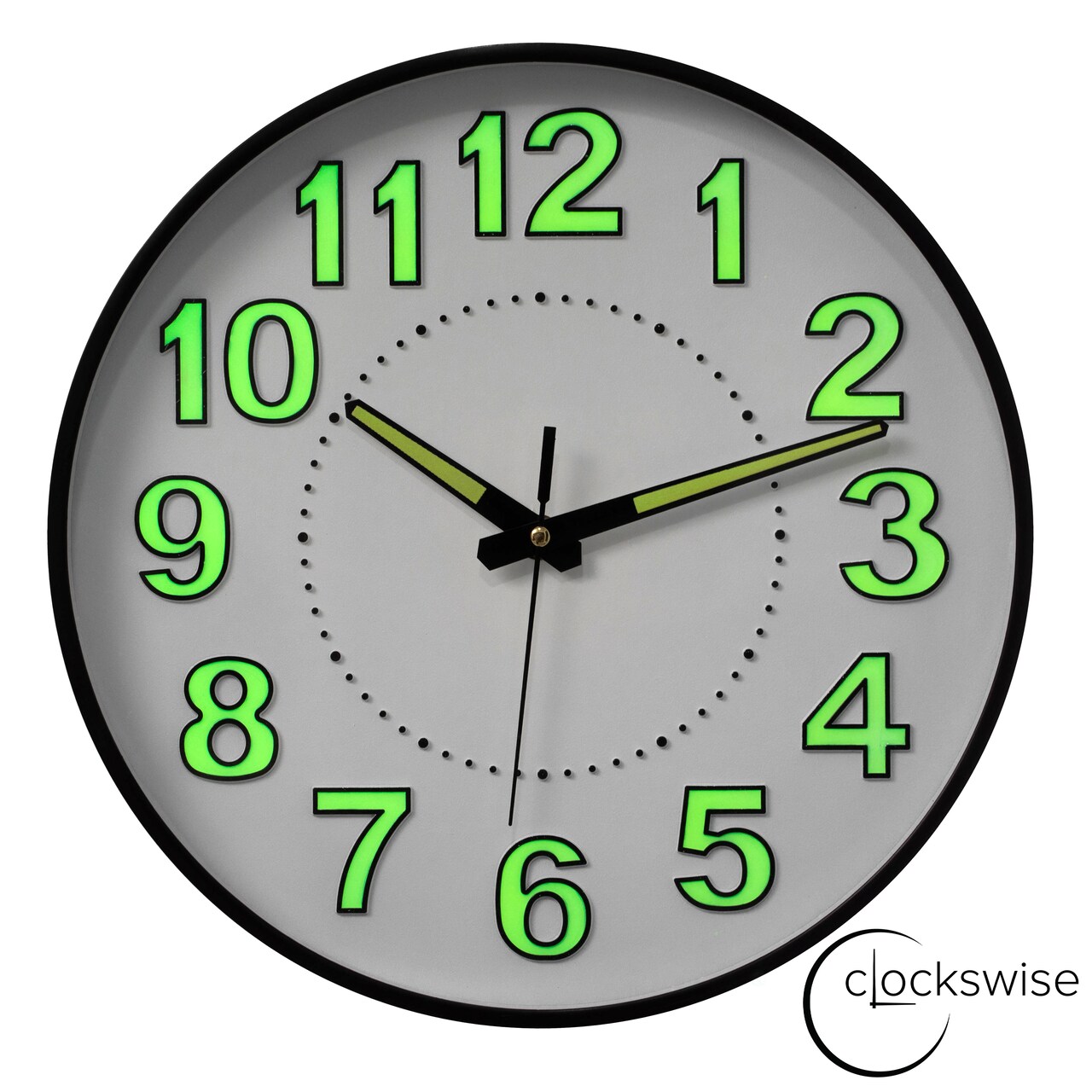 Clockswise Glow-in-the-Dark Decorative Wall Clock, Non-Ticking Battery Powered - Ideal for Living Room, Kitchen, Office, Bedroom, Hallway, Study, Classroom, Patio, Entryway or Dining Room, Black